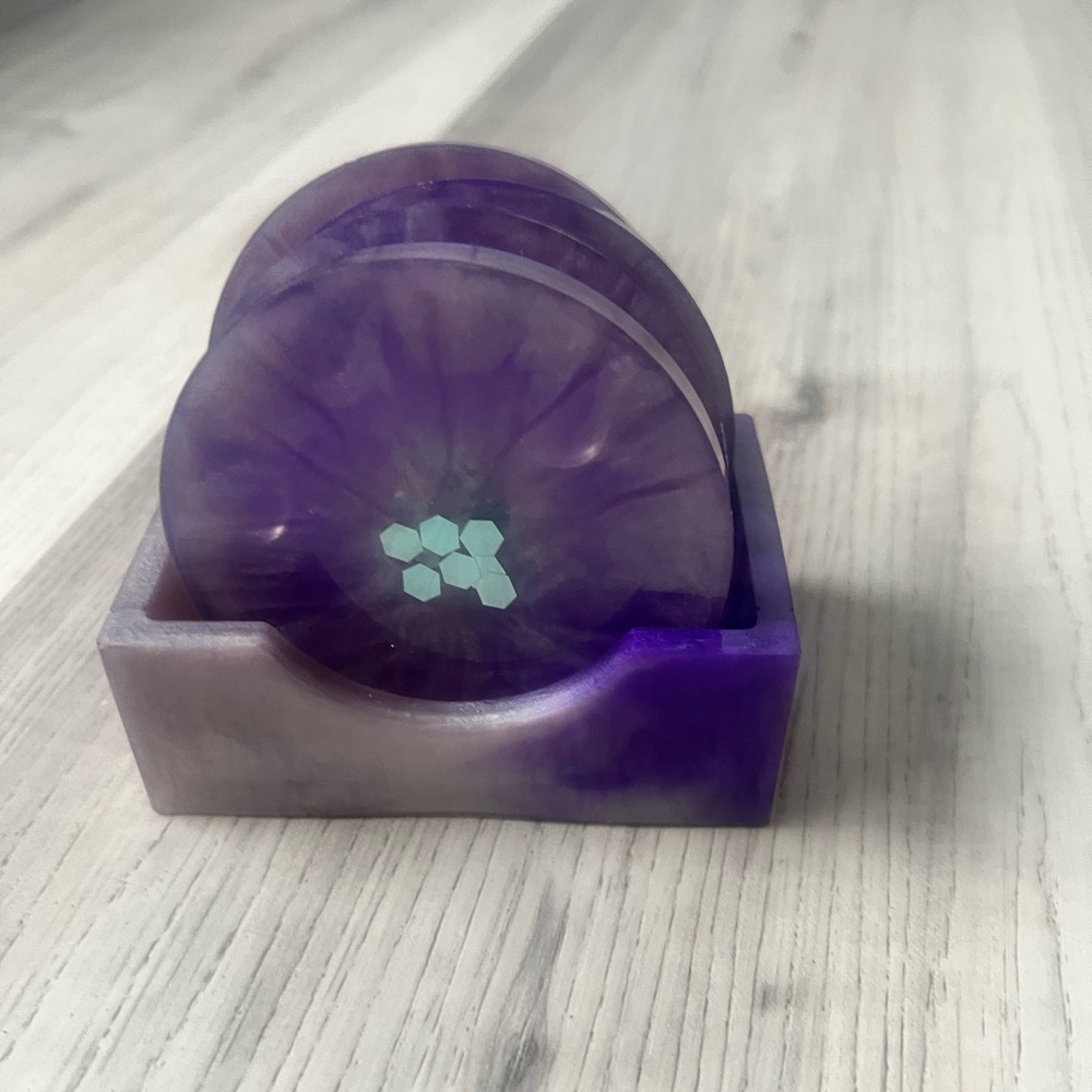 Handmade resin  Purple Silver Sparkle Coasters with matching holder